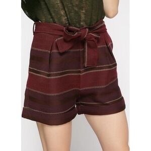 MNG Casual Burgundy Striped High Waist Shorts Size 6 Pleated Cuffed